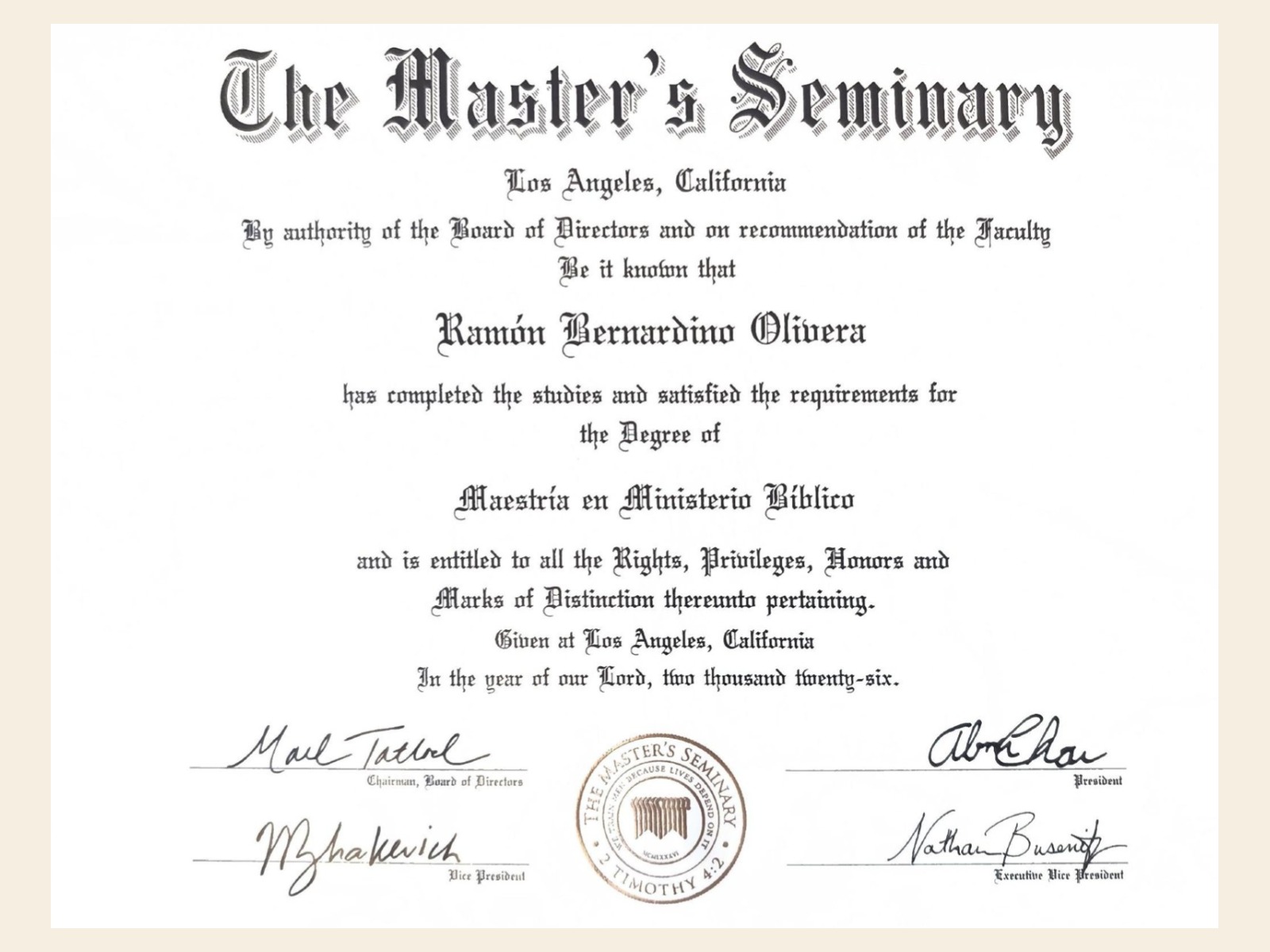 Diploma de Ramón Bernardino Olivera