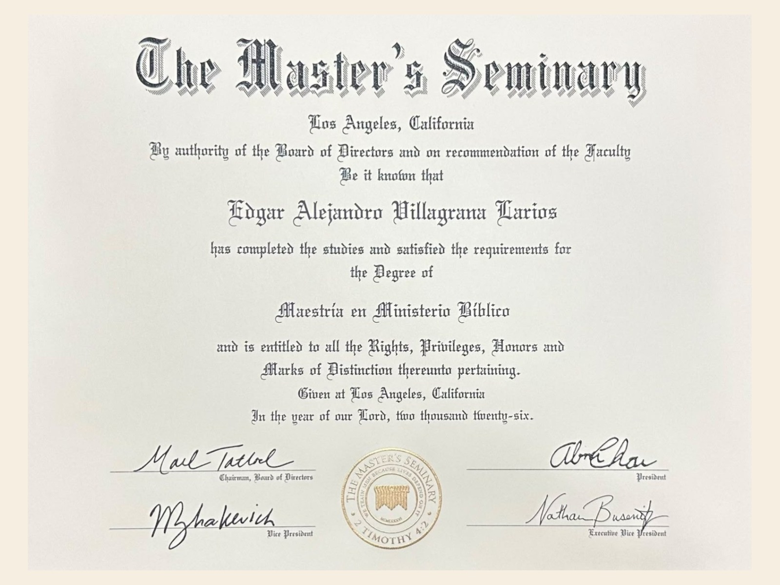 Diploma de Edgar Alejandro Villagrana Larios