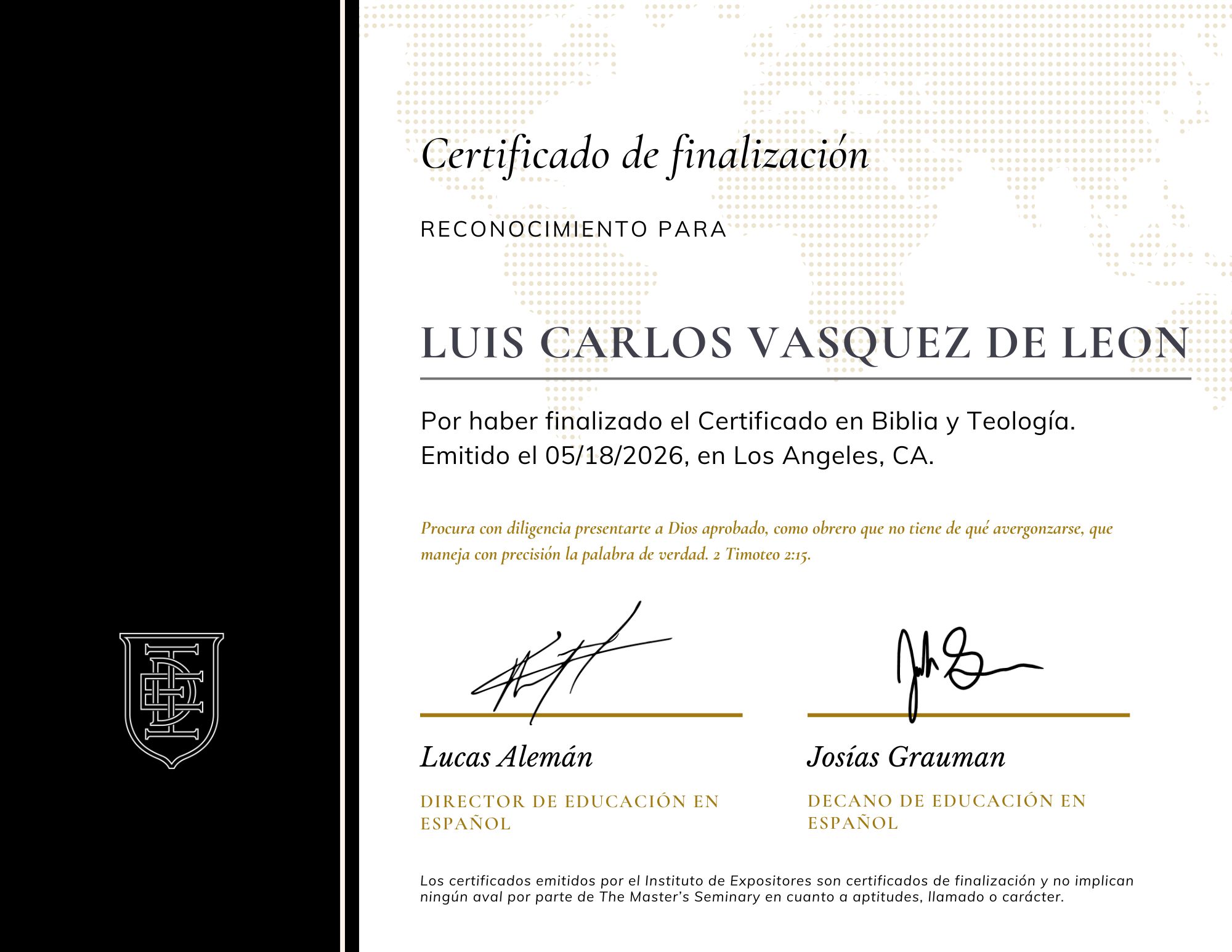 Diploma de Luis Carlos Vásquez de León