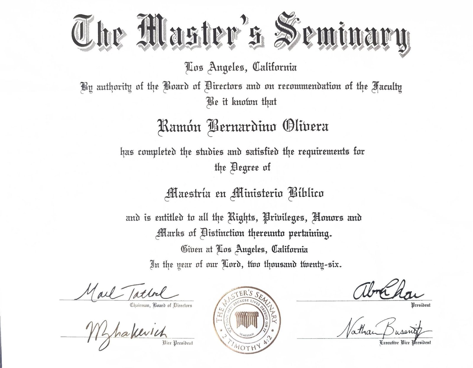 Diploma de Ramón Bernardino Olivera