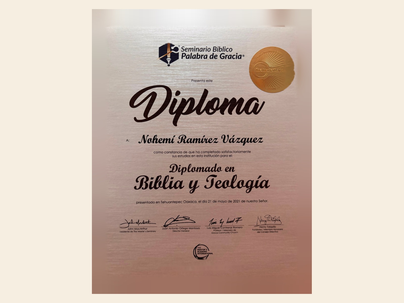 Diploma de Nohemí Ramírez Vázquez